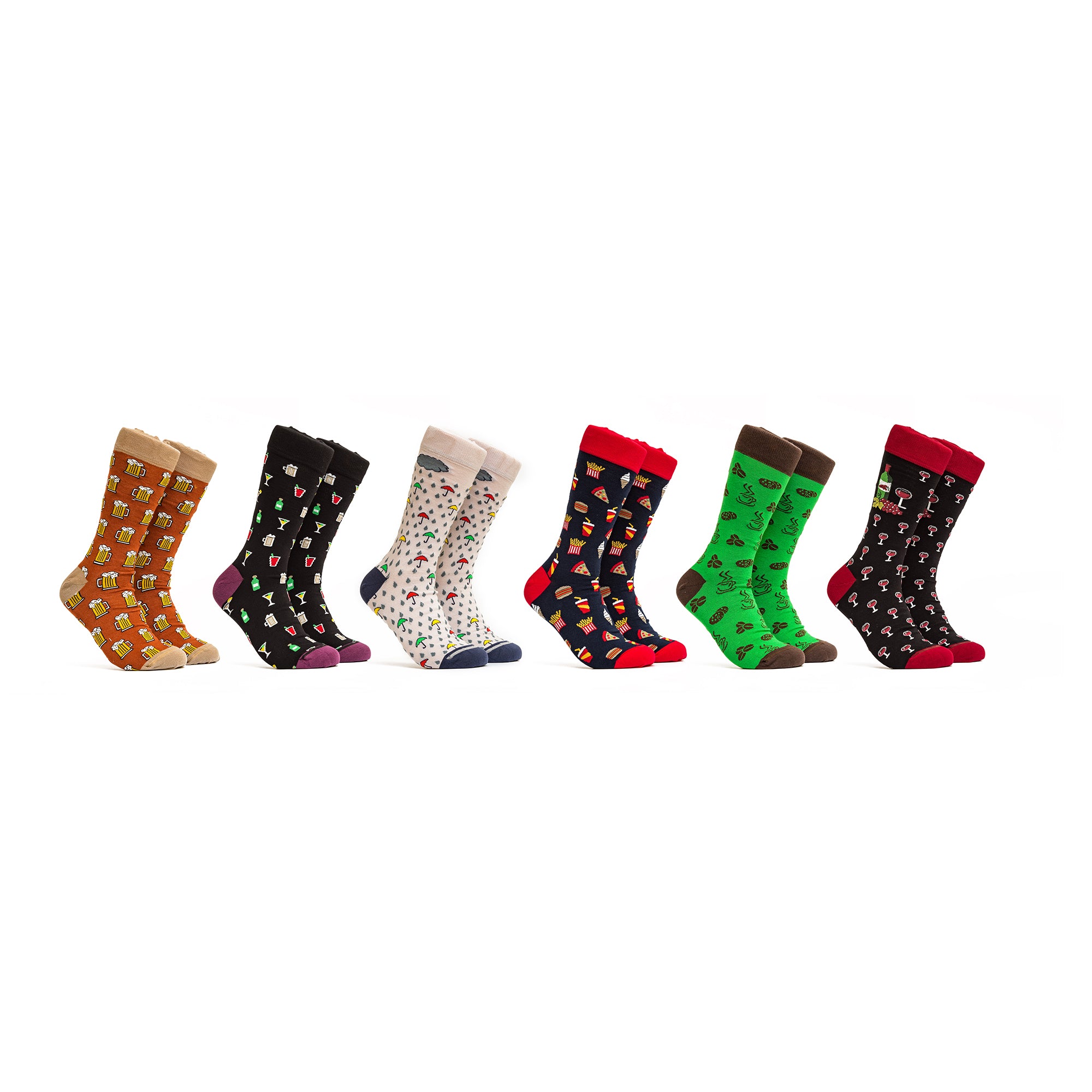 Drinks and Food Socks - Colors Brown, Blue, Grey, Green and Black - 6 pairs
