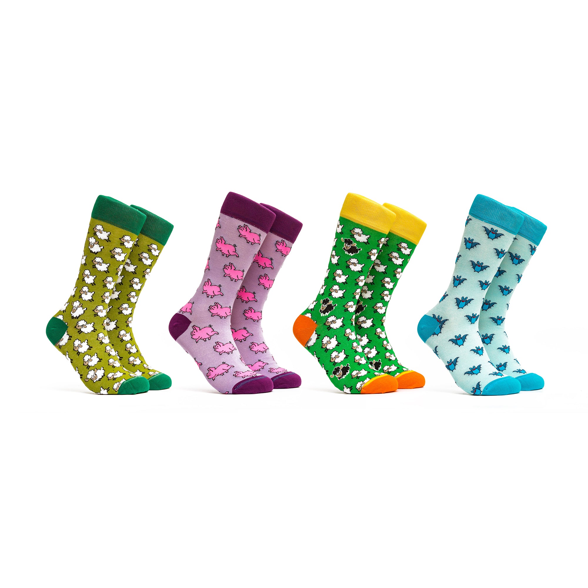 Funny Animals Socks - Colors Turquoise, Green and Pink - 4 Pairs